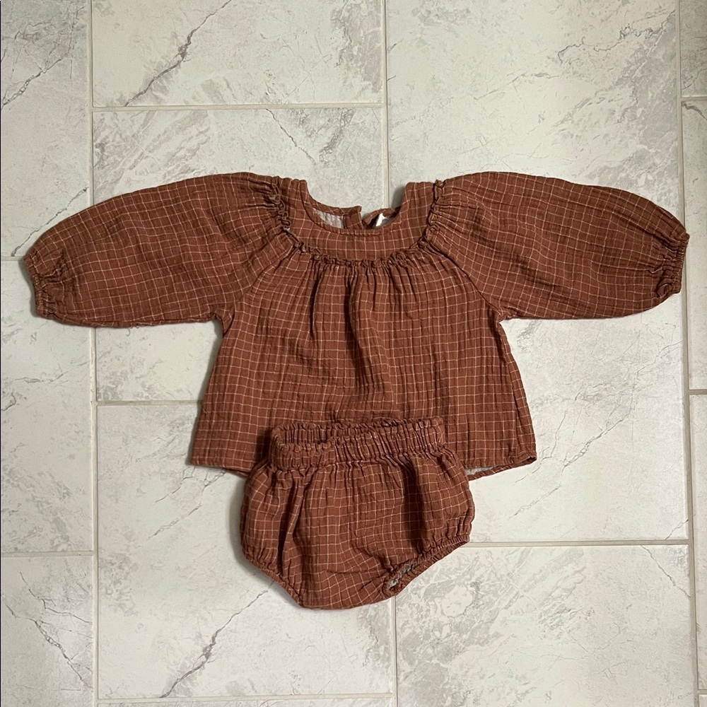 Girls Brown Plaid Long-Sleeve Top & Bloomer Set